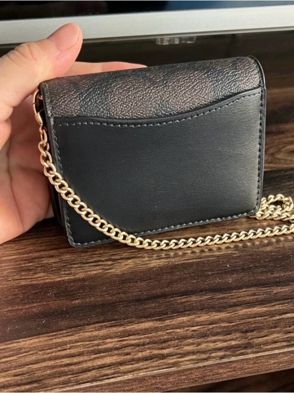 Coach Brown Monogram Wallet Crossbody with Gold Logo and Chain - Picture 2 of 3